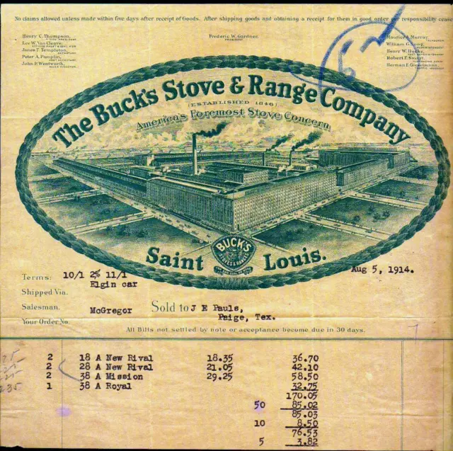 1914 Bucks Stove & Range Co - Saint Louis Missouri - History Letter Head Bill