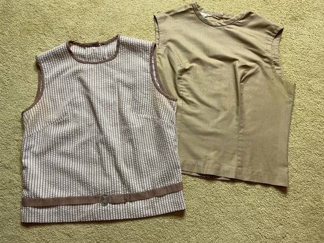 Lot 2 Vintage 50s 60s Sleeveless Tan Seersucker Shell Button Back Tank Tops M