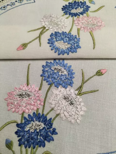 Gorgeous Pastel Cornflowers Vintage Hand Embroidered Centrepiece