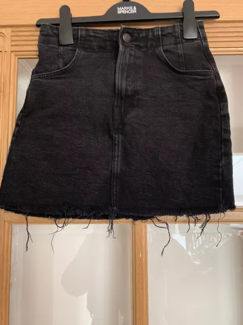 BERSHKA WOMENS HIGH Waist Black Denim Frayed Mini Skirt Size UK 8