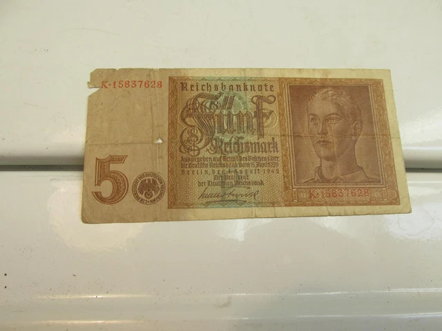 1942 - 5 Reichsmark Banknote, Nazi, Third Reich, WW2, Circulated