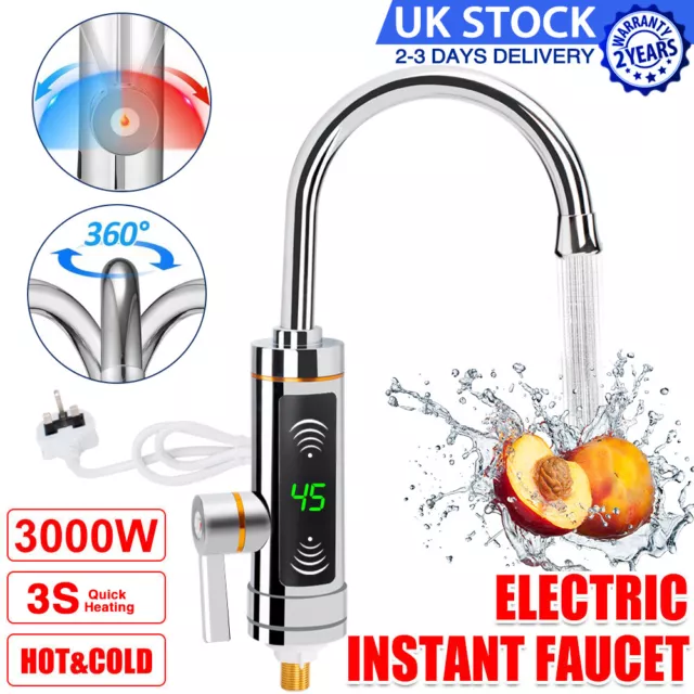 3000W Electric Instant Hot Water Heater 360° LED Kitchen Fast Heating Tap Faucet