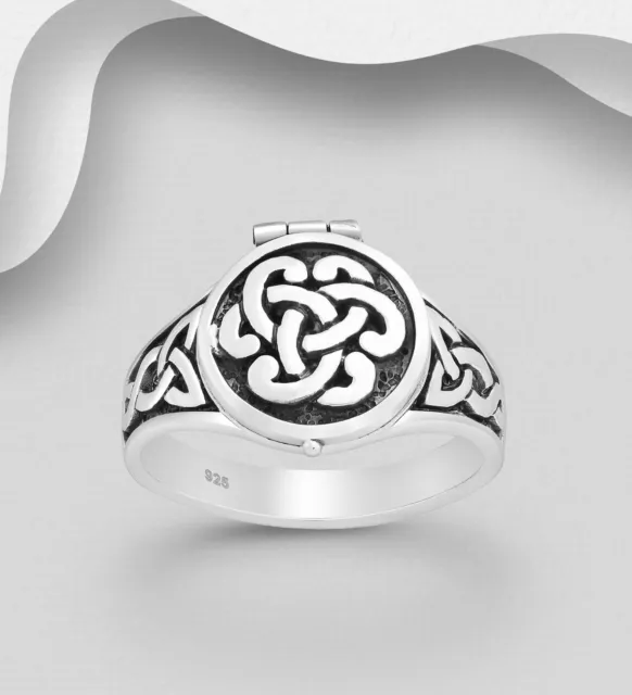 Unisex Locket Ring 925 Sterling Silver Celtic Band Secure Hinged Design To Open