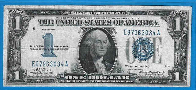 1934 $1 Silver Certificate Funny Back Note,Blue Seal,Circ VF,Nice!