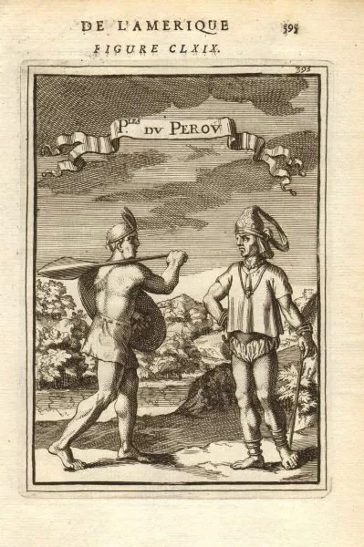 PERU COSTUME. Amerindians. Incas. Headdresses Shield spear. MALLET 1683 print