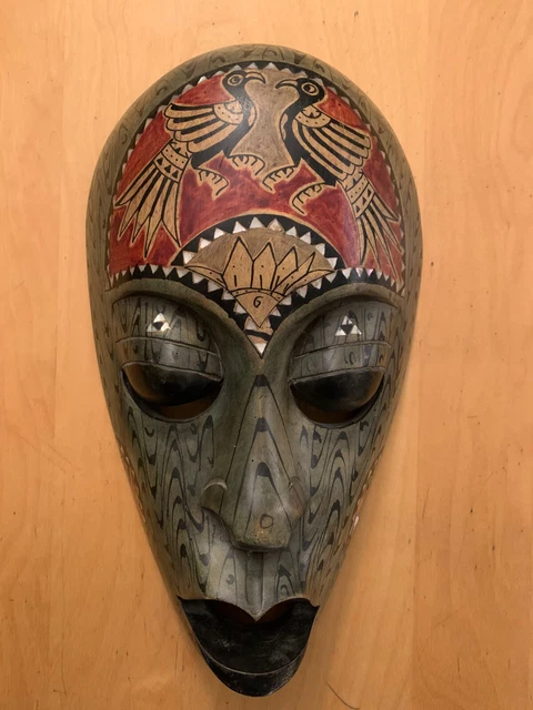 Hand Carved Wooded Lombak Indonesia Face Tribal Decorative Mask 13.5"