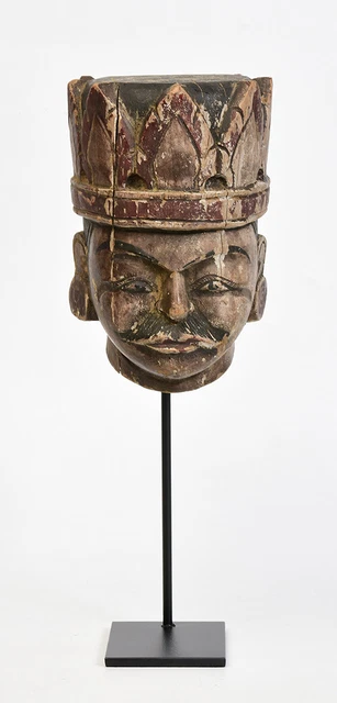 Early 20th Century, Antique Burmese Wooden Puppet Head with Stand