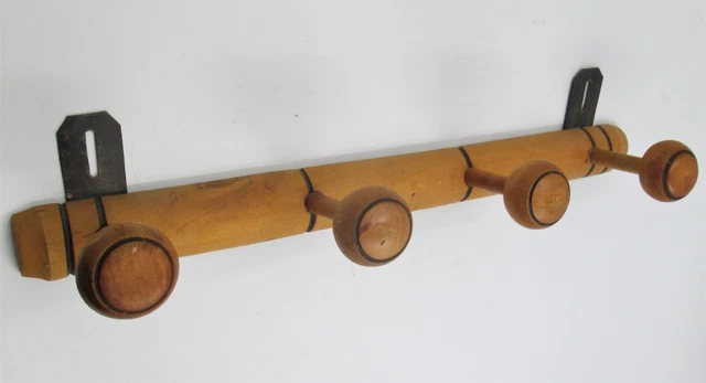 Vintage French TURNED WOOD FAUX BAMBOO COAT HOOK RACK 4 Mushroom Pegs 20" Long