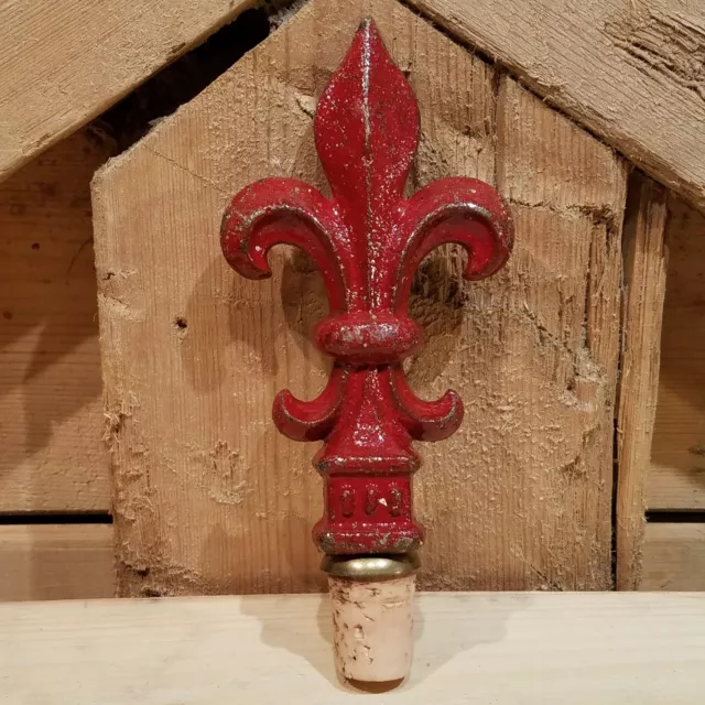 Red Cast Iron Fleur De Lis Wine Bottle Stopper Cork Finial Rustic - Swanky Barn