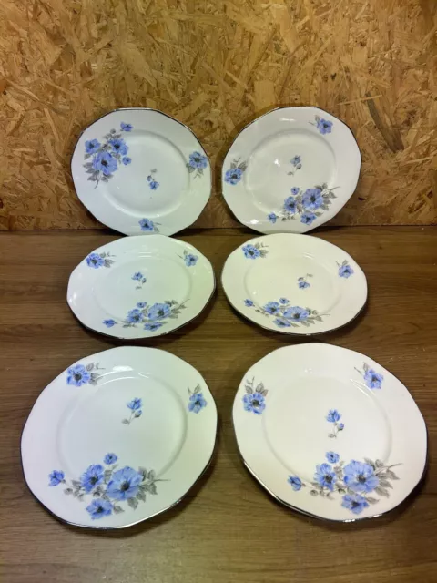 Conjunto De 6 Platos Porcelana Arte Deco , Blanca Flores Azul, Refleccion Plata