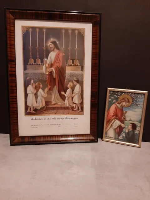 altes Heiligenbild Jesus - Andenken an die erste Hl. Kommunion 1943 + kl. Bild