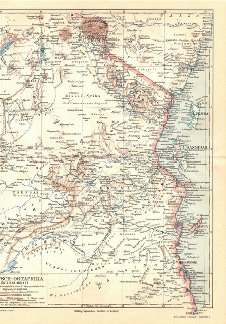 Deutsch Ostafrika, alte historische Landkarte, Lithographie um 1900 (D294)