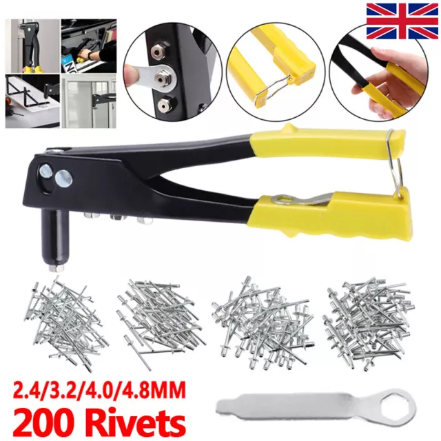 Heavy Duty Hand Rivet Gun 4 Head Nozzle Riveter Plus 200 Assorted Pop Rivets Kit