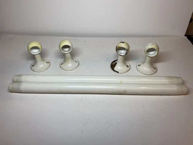 Antique Lot Of Two 17” Milk Glass Towel Bars Porcelain Over Iron Brackets