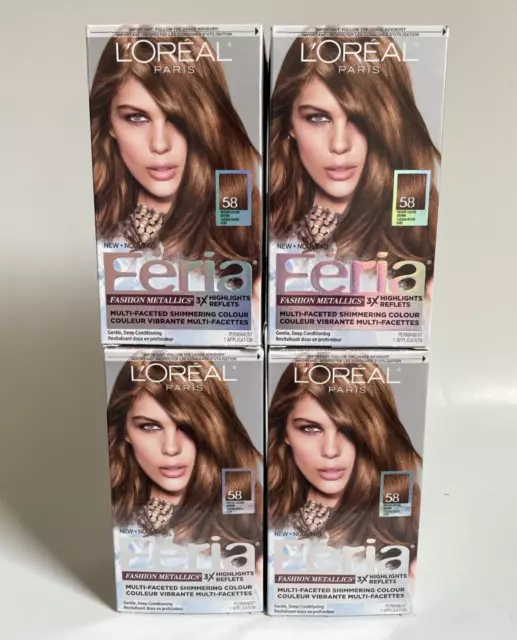 4x L'Oreal Paris Feria #58 Medium Golden Brown Bronze Shimmering Hair Color Dye