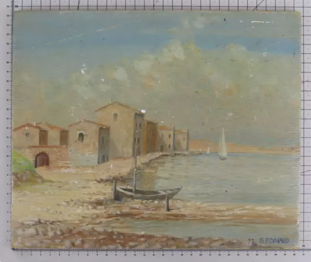 Pequeño Cuadro Óleo En Mesa Firmado Reynaud Vista Mare Marina Paisaje Bsn