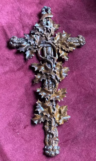 An Antique Old Wall Hanging Cross Crucifix - Heavily Carved with holly & berries