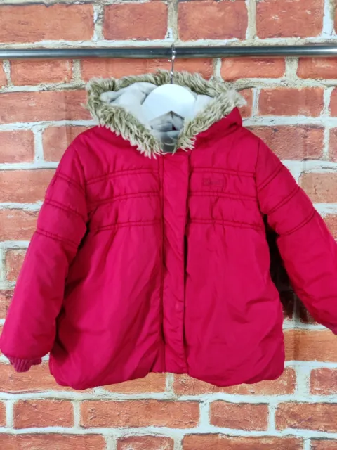 Girls Next Red Padded Coat Jacket Age 4-5 Years Fur Trim Hood Fleece Lined 110Cm