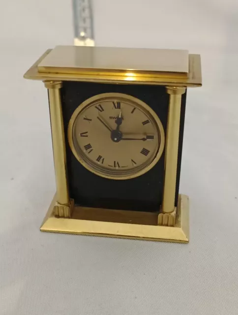 Vintage Brass Swiza 8 Day Swiss . Desk Alarm Clock Working Well A20