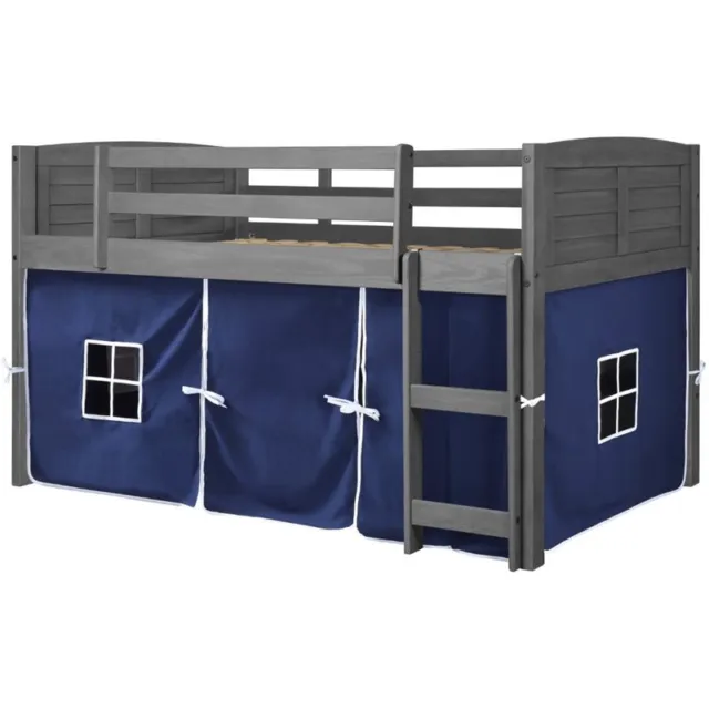 Pemberly Row Twin Solid Wood Low Loft Bed with Blue Tent in Antique Gray