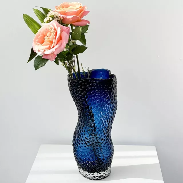 Blue Glass Flower Vase Ocean Wave Design Home Decor Gifts Medium Blue