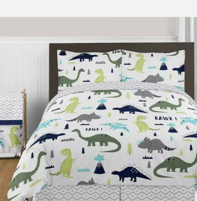 Sweet Jojo Navy Grey White Lime Green Dinosaurs Girls Boys Full Bedding Set, EUC