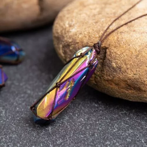 Natural Aura Gemstone Pendant Healing Chakra Hexagonal Point Men Women Necklace