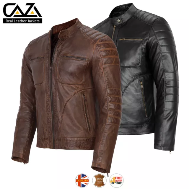 Mens Vintage Cafe Racer Genuine Leather Jacket Black Brown Slim Fit Biker Jacket