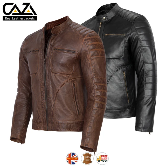 Uomo Vintage Cafe Racer Giacca IN Vera Pelle Nero Marrone Slim Fit Biker Giacca