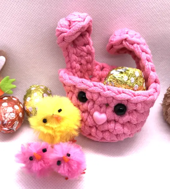 Cesta pequeña de conejo de huevos de Pascua rosa 100 % reciclado algodón conejo