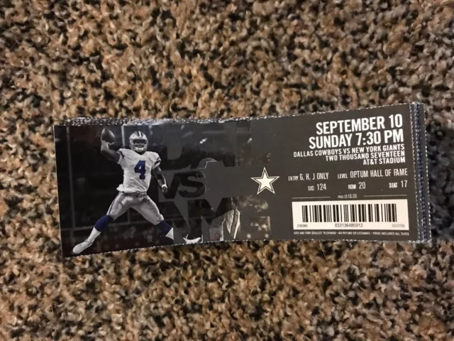 2017 Dallas Cowboys Vs New York Giants Ticket Stub Nfl 9/10 Dak Prescott