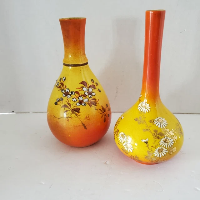 Pair of Meiji Kyoto Satsuma Vases - 6" Yellow Orange Beautiful! 19th C. Unmarked