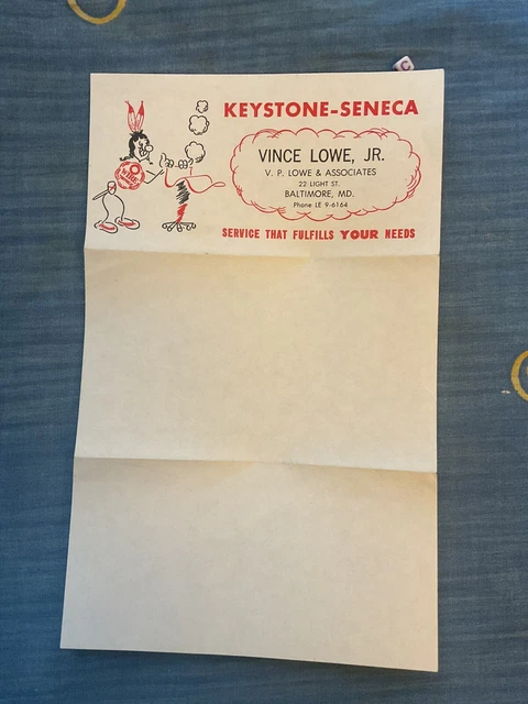 Vintage Rare , Keystone Seneca Letter Header  , Baltimore, Native American