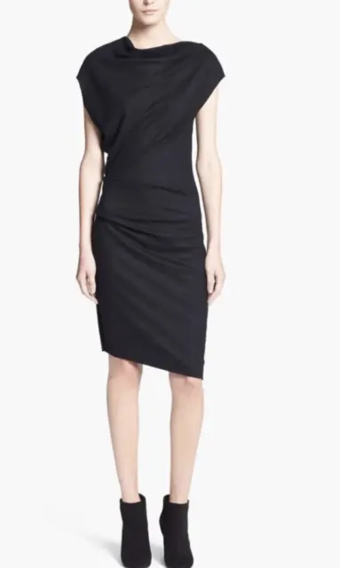 Helmut Lang Sonar Wool Asymmetrical Dress Black Short Sleeve Ruched S 0657