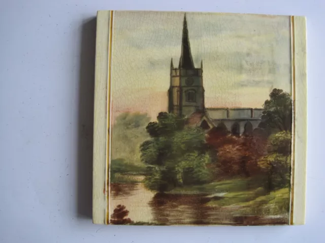 Antique Pilkington's 6" Landscape Tile - Church By River Circa 1892-1909