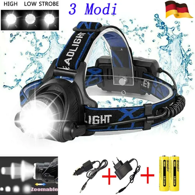 20000LM XM-L2 LED Scheinwerfer Zoom Stirnlampe USB 3 Modi +2x Akkus +Ladegerät