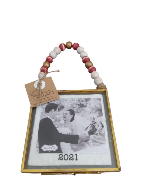 Mud Pie Home FAMILY Wood Bead 4" Sq Photo Frame Decor Christmas Ornament