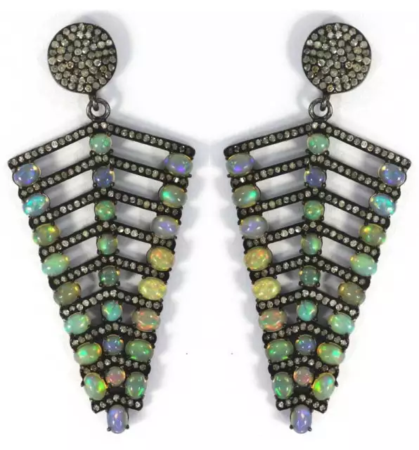 925 Sterling Silver Earring Studded Natural Opal&Pave Diamond Fine Jewelry