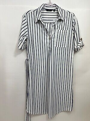 Mlle Gabrielle White, Navy Striped Button Down Shirt Dress Womens Size Small S