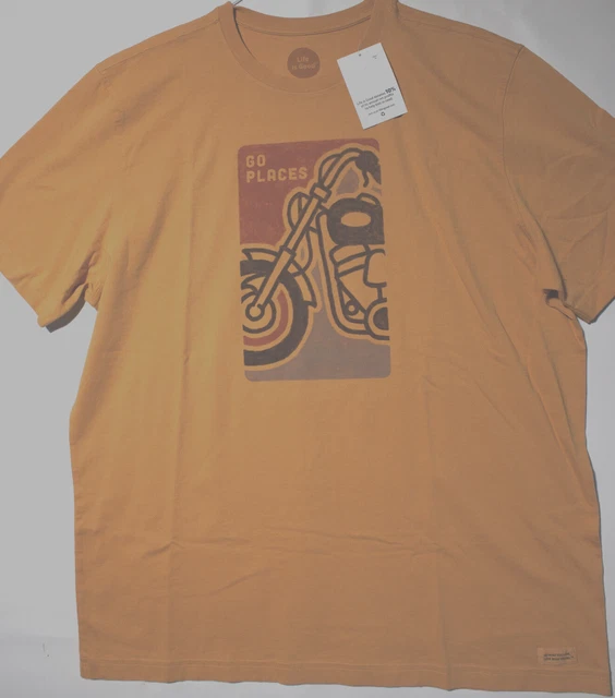 NWT Men's Sz XL  Life is Good Go Places Motorcycle Gold SS T Shirt