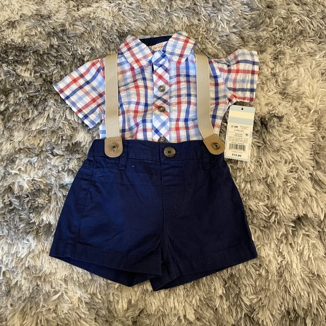 Infant Boys Red White Blue Plaid Button Up Bodysuit & Suspenders Short Set