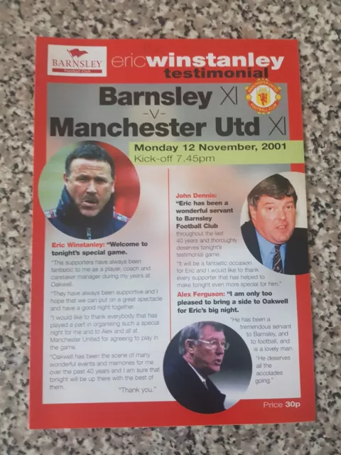 PROGRAMME ERIC WINSTANLEY TESTIMONIAL BARNSLEY X1 V MAN UTD X1 12th nov 2001