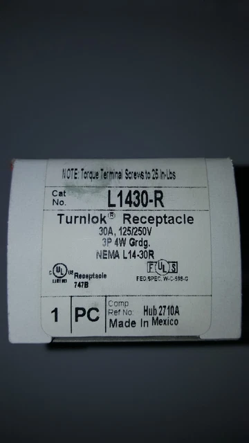 Pass and Seymour Legrand Turnlok Receptacle 30A 125/250V 3P 4W Grdg L1430-R