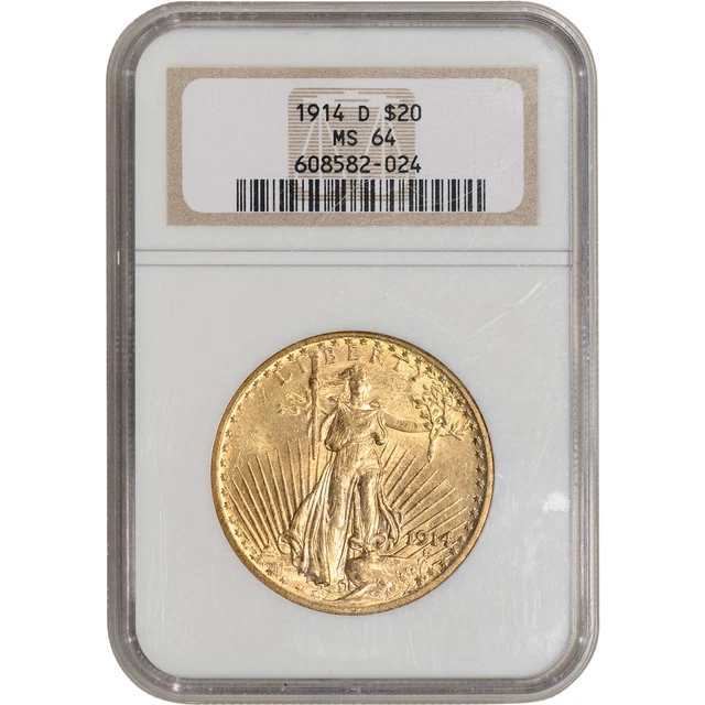 1914 D US Gold $20 Saint-Gaudens Double Eagle - NGC MS64