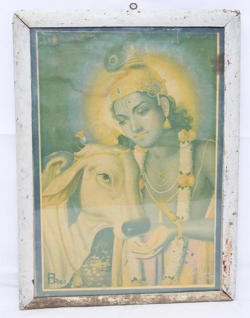 VINTAGE OLD HINDU Lord Krishna With Cow Beautiful Litho Print Wooden