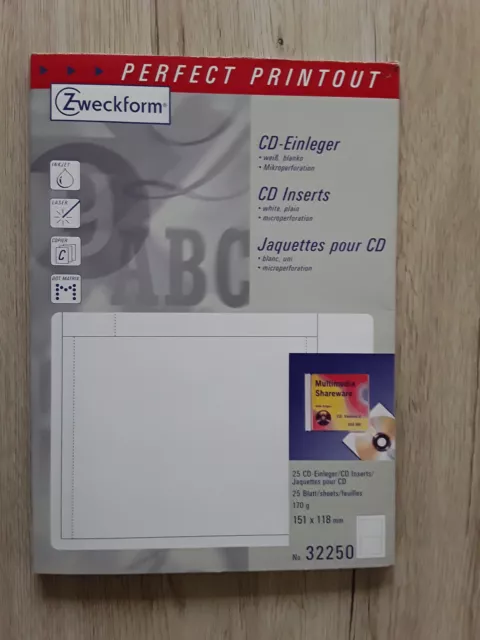 Zweckform CD-Einleger aus Karton (16 Bögen, No. 32250), weiß, blanko