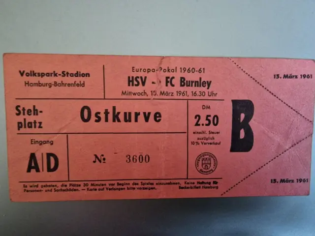Hamburg v Burnley European Cup Quarter Final match ticket 15 March 1961