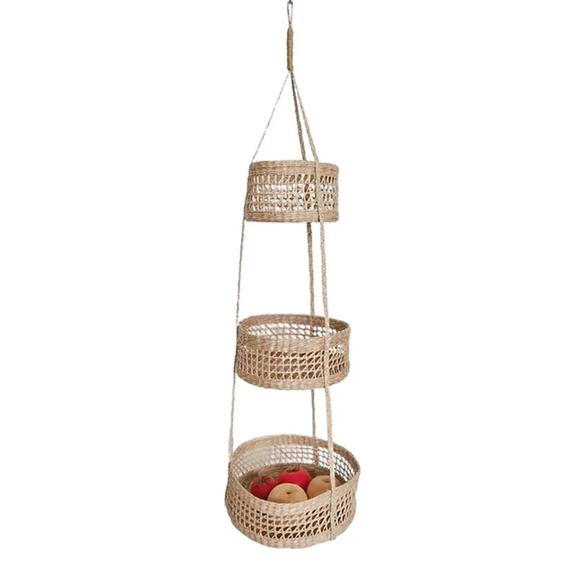 Panier à Fruits Suspendu Tressé Main 3 Niveaux – Coton Naturel – Gain De Place Cuisine Balcon – 110x30 Cm Blanc