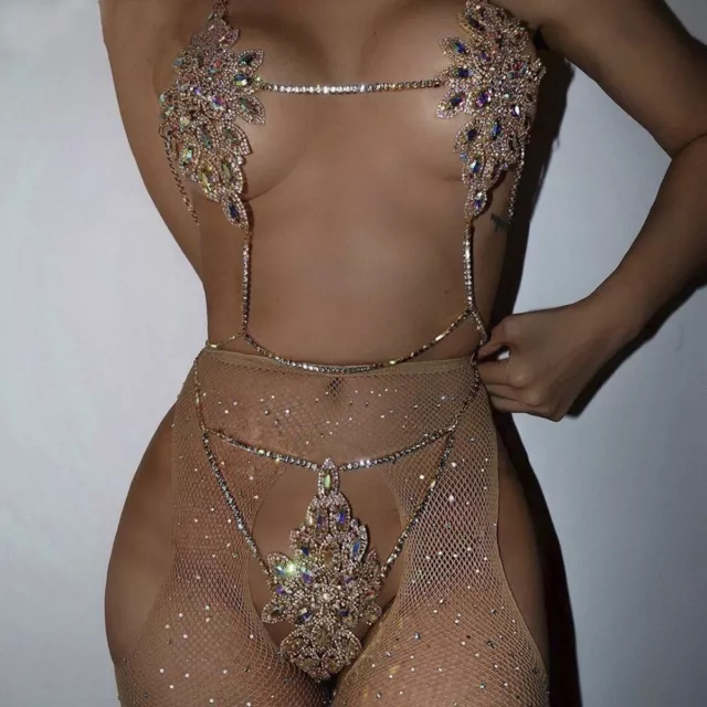 Rhinestone Body Chain Jewelry Women Bikini Chest Bra Thong Sexy Lingerie Crystal