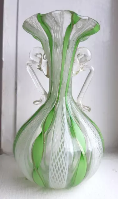 Mid 20th C. Murano Glass Green Aventurine Zanfirico Vase Broken Pontil 4 inches